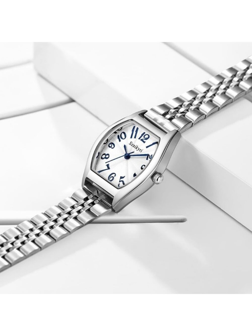 Women's Silver-Blue Barrel-Shaped Easy Read Arabic Numerals Dress wrist Watch - Picture 3 of 6